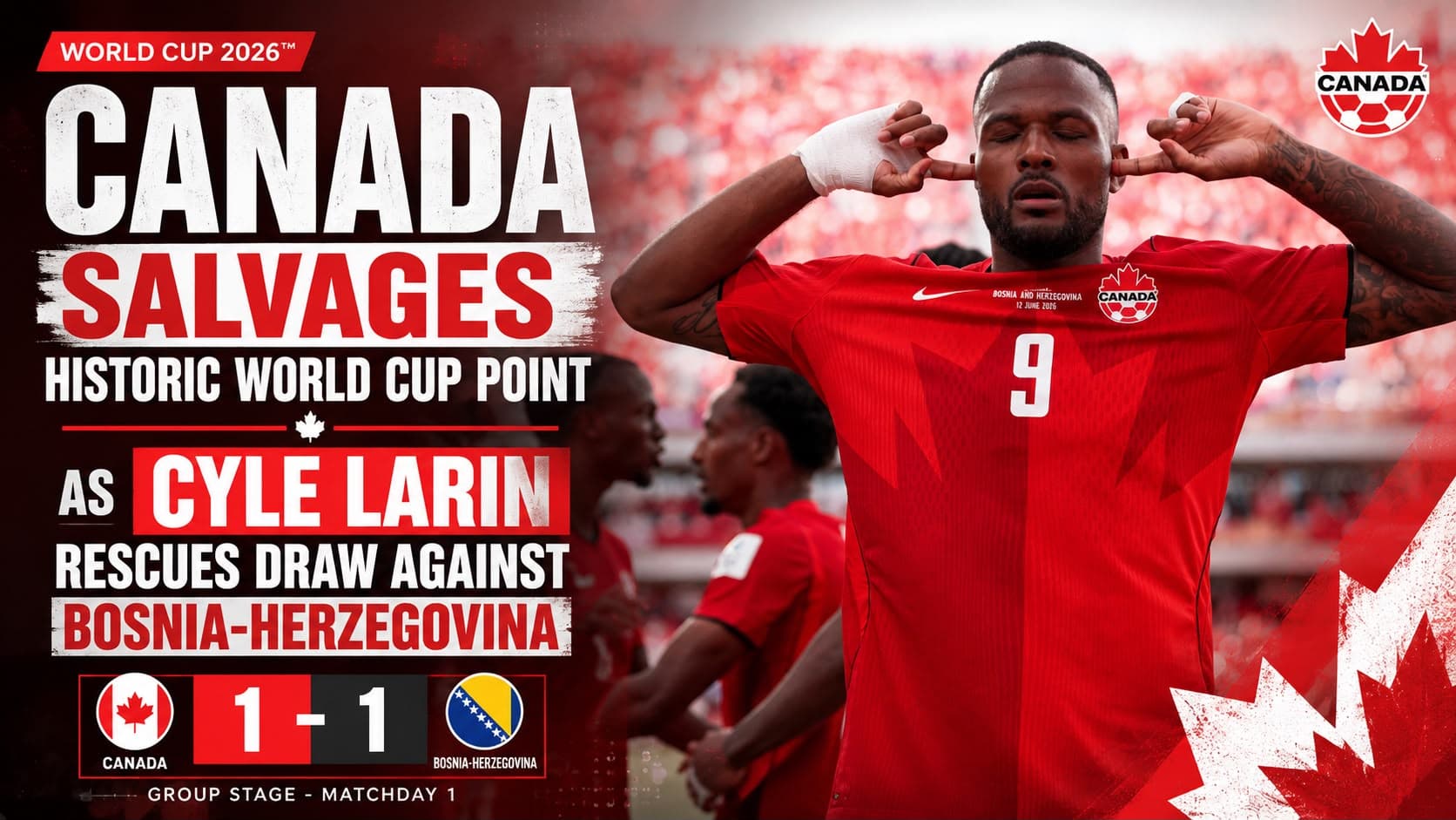 Cyle Larin celebrates scoring for Canada